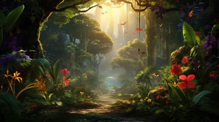Mystical rainforest setting with butterflies and flowing water. Tropical environment.