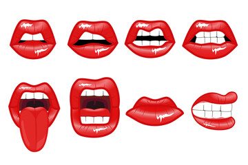Fototapeta na wymiar Female red lips set. Expressing different anger emotion. Vector flat style cartoon lips illustration isolated on white background