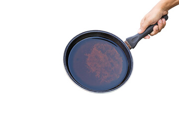 Man holds a rusted round cast iron pan and old vegetable oil Isolated on white background. Do not...