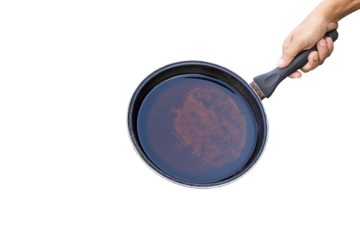 Man holds a rusted round cast iron pan and old vegetable oil Isolated on white background. Do not use an old rusty pan. Because it can cause health problems. PNG