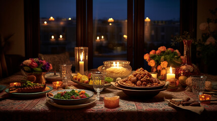 Fototapeta premium Table with traditional food. Ramadan celebration.