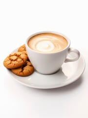 Obraz premium Cup of cappuccino and cookies on white background.