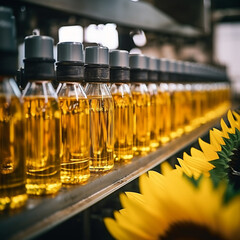 Factory conveyor line filling bottles with sunflower and vegetable oil in close up, sharpness, extreme detail, 8K resolution, ultra high quality created with Generative Ai