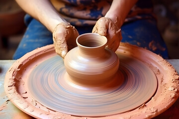 Fototapeta na wymiar Artisan Molding a Shape on a Potter's Wheel in a Ceramics Workshop