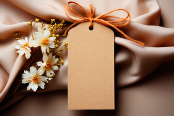 Bouquet of flowers and blank white card for text. Mockup tag