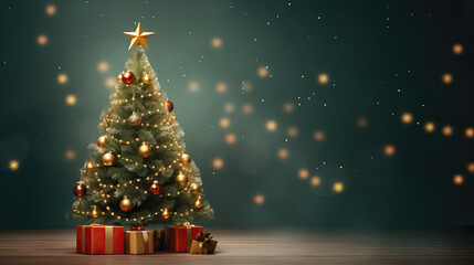 Fototapeta na wymiar Lit Christmas Tree Banner with Space for Text 