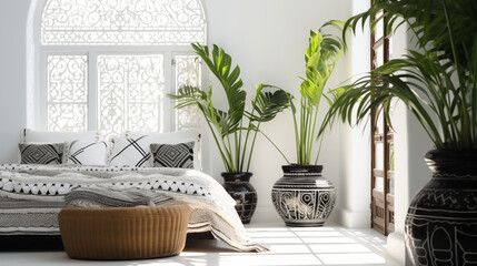 Tropical Luxury Bedroom with Plants and Beautiful Handpainted Vases