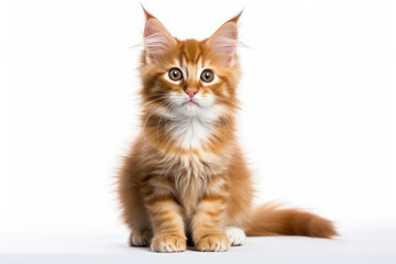 Obraz premium Little ginger red Maine coon kitten. Portrait on a white background.