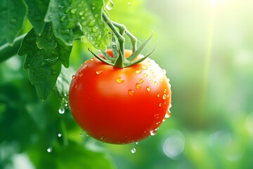 tomato with drops. Fresh, juicy fruit and leaf with water droplets. Macro photography.