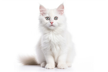 Kitten with blue eyes and white fur color against a white backdrop.
