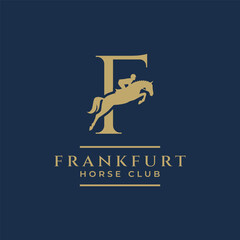Elegant luxury letter F monogram horse jumping logo, letter F horse logo, show jumping horse logo, logo type, typography - obrazy, fototapety, plakaty
