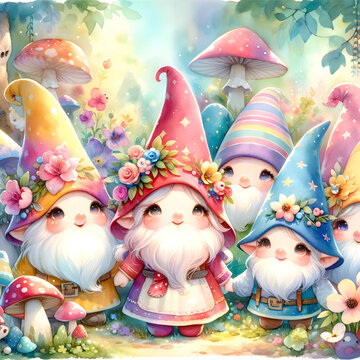 the watercolor painting depicting a scene of cute gnomes in a whimsical and magical setting.