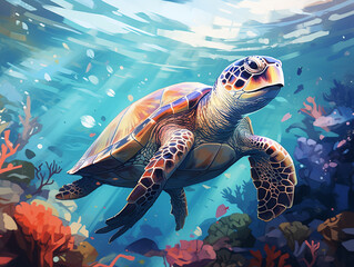 Illustration of a turtle swimming in the coral reef. Sunlight from above warm colors. Surrounded by other sea life.
