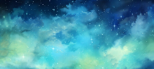 Fototapeta premium Watercolor texture blending blue, green, with white stars scattered throughout and mixed blue-white clouds creating a dreamy peaceful mood.