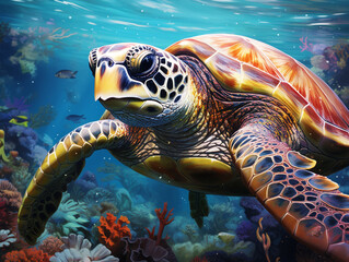 Illustration of a turtle swimming in the coral reef. Sunlight from above warm colors. Surrounded by other sea life.
