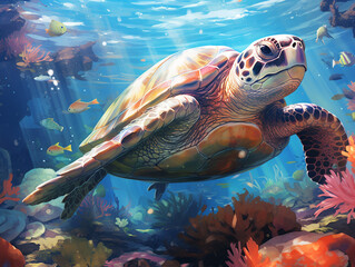 Illustration of a turtle swimming in the coral reef. Sunlight from above warm colors. Surrounded by other sea life.
