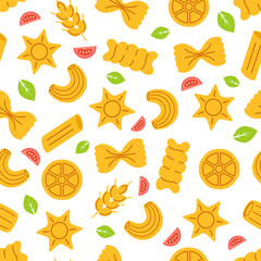 pasta, tomato and basil cartoon seamless pattern, italian food background