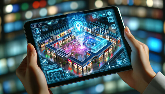 Tablet Displaying Holographic 3D Shopping Mall Map