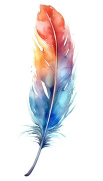 Colorful watercolor feather, isolated on white, rainbow colors