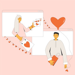 Dating and love. Valentine's Day gift exchange. Vector illustration