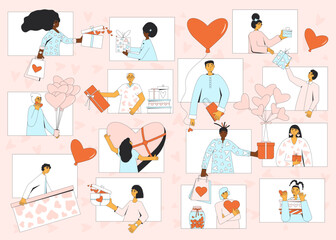 Online Valentine's Day celebration. Vector illustration of virtual event
