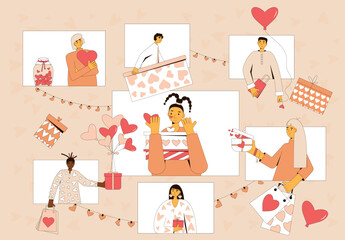 Online Valentine's Day. Vector illustration of virtual event