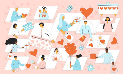 Online Valentine's Day celebration. Vector illustration of virtual event