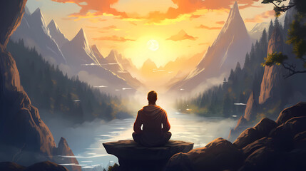 Illustration of a man practicing meditation, yoga, relaxation in her calm mountains, with tranquility, peaceful mind, well-being and serenity - Generated by Generative AI