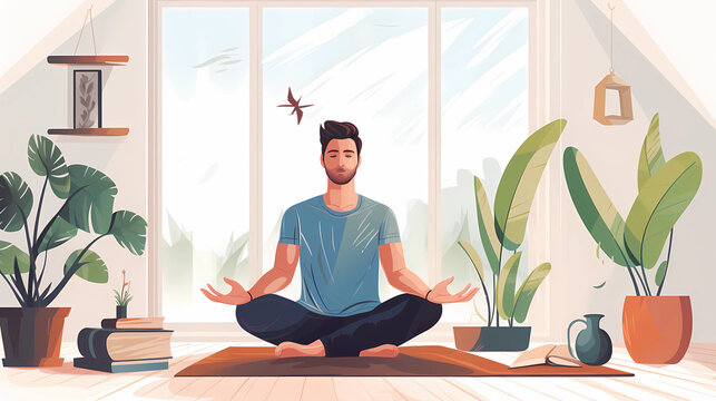 Illustration of a man practicing meditation, yoga, relaxation in her calm and cozy home, with tranquility, peaceful mind, well-being and serenity - Generated by Generative AI