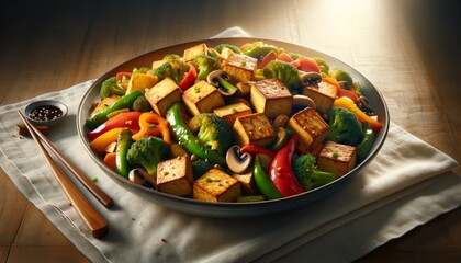 Tofu stir-fry with golden tofu cubes and colorful vegetables, seasoned with vegan soy or teriyaki sauce.
 - obrazy, fototapety, plakaty