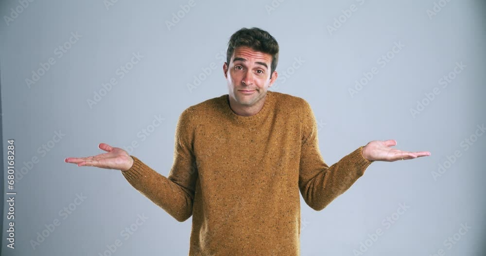 Poster confused, shrug and face of man in studio with decision, choice and dont know reaction. thinking, wo