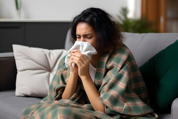 Young woman relaxing on a sofa in a living room. flu