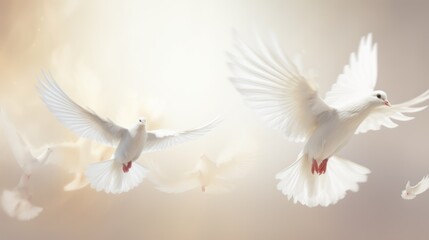 Serenity in flight: White doves ascending towards the light, embodying peace and the heavenly realm
