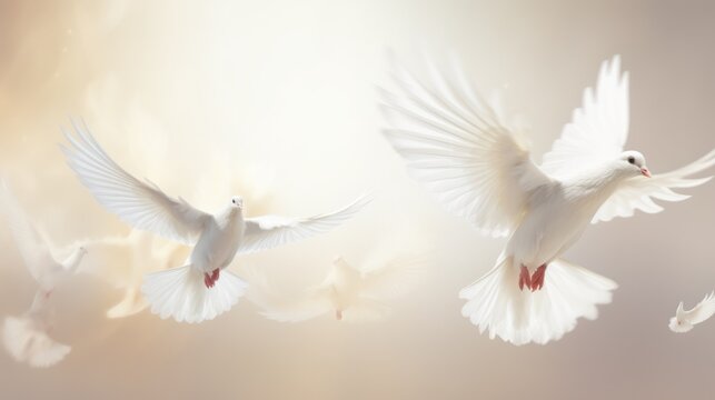 Serenity in flight: White doves ascending towards the light, embodying peace and the heavenly realm