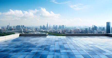 a blue tiled roof surface with a city view over a blue sky, in the style of Terragen, Japanese contemporary, polished concrete, grid-based, Viet Nam