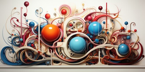 A painting of a bunch of balls on a wall. AI image.