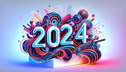 Happy New Year 2024 background, bright and colorful neon sign with the message "Happy New Year 2024," adorned with playful doodles and shapes.