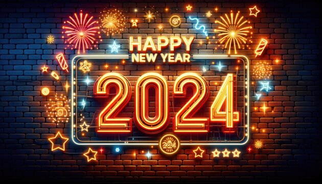 Happy New Year 2024 background, A brick wall with neon sign with fireworks Happy New Year 2024 on dark brick wall background.