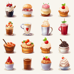 a set of detailed icons representing a variety of food and beverage items, from gourmet coffee to delectable pastries created with Generative Ai