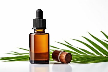 Fototapeta premium A bottle of essential oil next to a palm leaf. Glass bottle on white background.