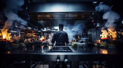 Culinary chaos: a man conquers the heat in a Parisian gourmet kitchen, wide view of a professional kitchen, chef with his back in the middle of the preparations and burning pans