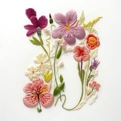 A number of flowers made of paper on a white surface. Embroidery effect, floral design.