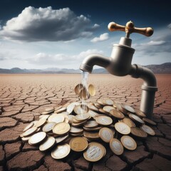 Hands grabbing money in a drought, climate change and cities without clean water, desertification of the earth - obrazy, fototapety, plakaty