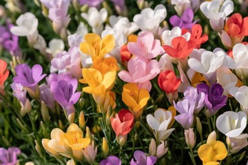 Colorful crocus flowers blooming in the garden. Spring Flowers. Springtime Concept with Copy Space. Mothers Day Concept.