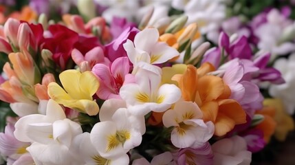 Bouquet of freesia flowers. Close-up. Spring Flowers. Springtime Concept with Copy Space. Mothers Day Concept.