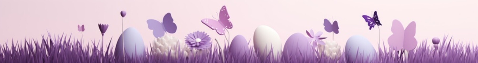 Easter and Spring Banner with Eggs, Flowers and Butterflys in Lavender - obrazy, fototapety, plakaty