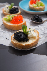 Luxury food concept. Party snacks of red and black caviar appetizer