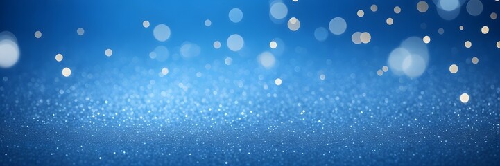 Blue bokeh lights on a blue background banner. Abstract blue background with glittering lights. Blue light dots banner. - obrazy, fototapety, plakaty