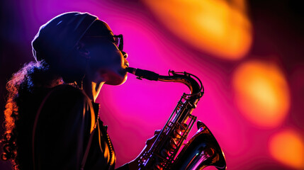 Jazzwoman's Melody: A Captivating Saxophone Performance on the Concert Stage, pink light in...