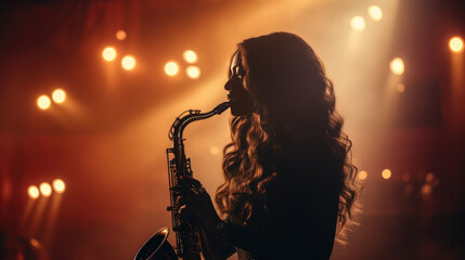 woman with beautiful long curly hair playing a saxophone, silhouette of a passionate saxophonist with a orange concert hall light in the background - obrazy, fototapety, plakaty